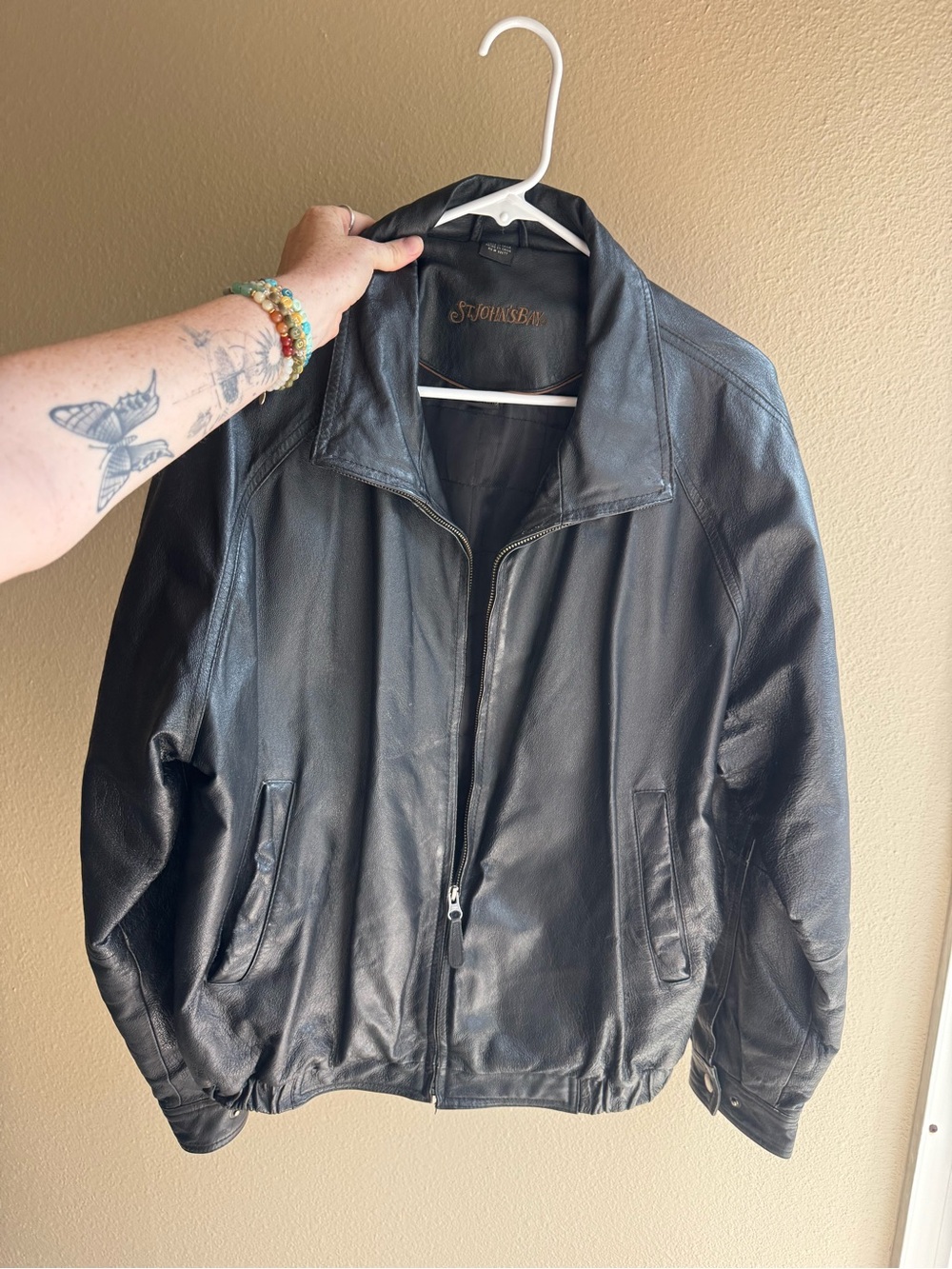 St. John's Bay Men's Black Leather Bomber Jacket